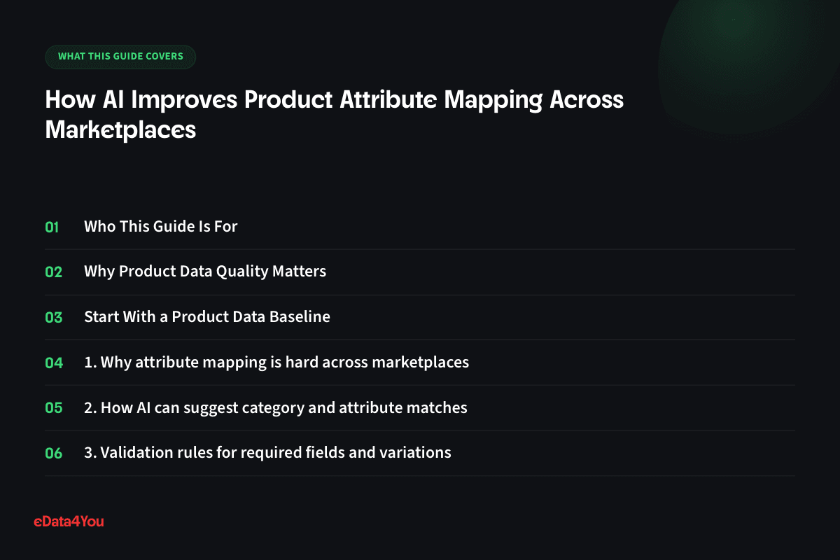 What this guide covers: Who This Guide Is For, Why Product Data Quality Matters, Start With a Product Data Baseline, 1. Why attribute mapping is hard across marketplaces