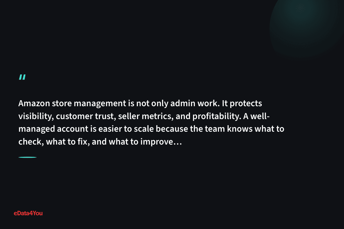 "Amazon store management is not only admin work. It protects visibility, customer trust, seller metrics, and profitability. A well- managed…"