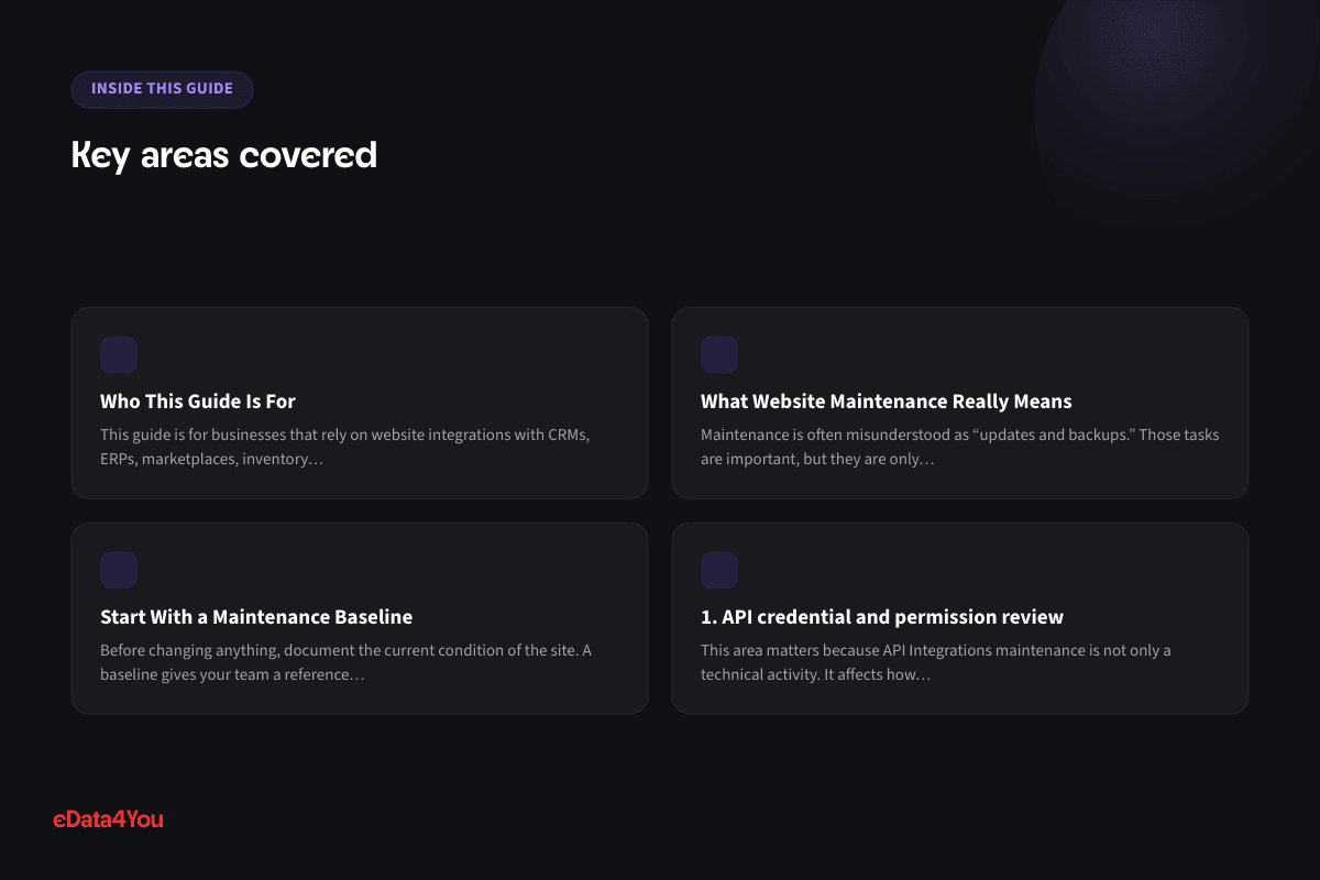 Key areas covered: Who This Guide Is For, What Website Maintenance Really Means, Start With a Maintenance Baseline, 1. API credential and permission review