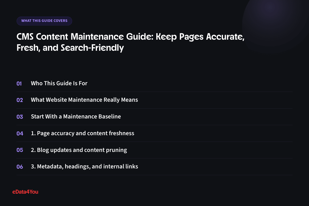 What this guide covers: Who This Guide Is For, What Website Maintenance Really Means, Start With a Maintenance Baseline, 1. Page accuracy and content freshness