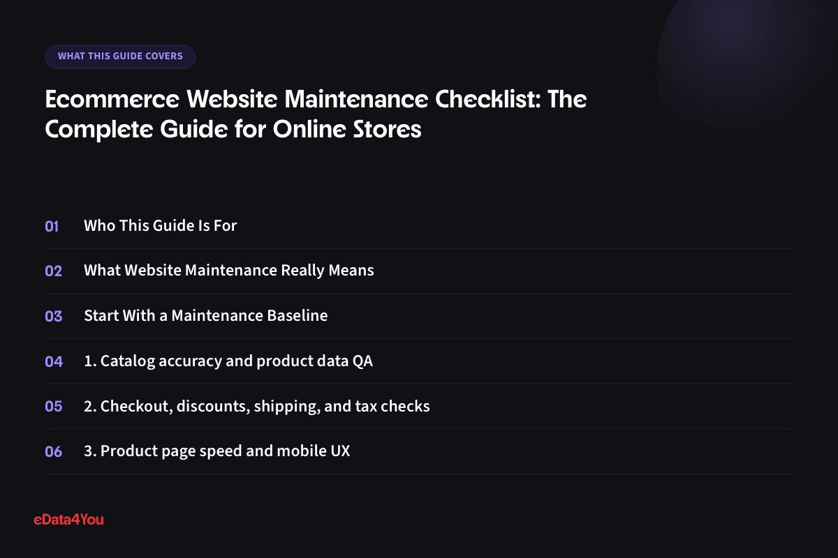 What this guide covers: Who This Guide Is For, What Website Maintenance Really Means, Start With a Maintenance Baseline, 1. Catalog accuracy and product data QA