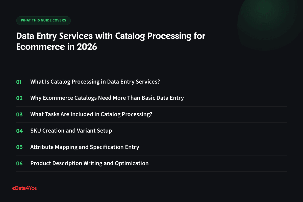 What this guide covers: What Is Catalog Processing in Data Entry Services?, Why Ecommerce Catalogs Need More Than Basic Data Entry, What Tasks Are Included in Catalog Processing?, SKU Creation and Variant Setup