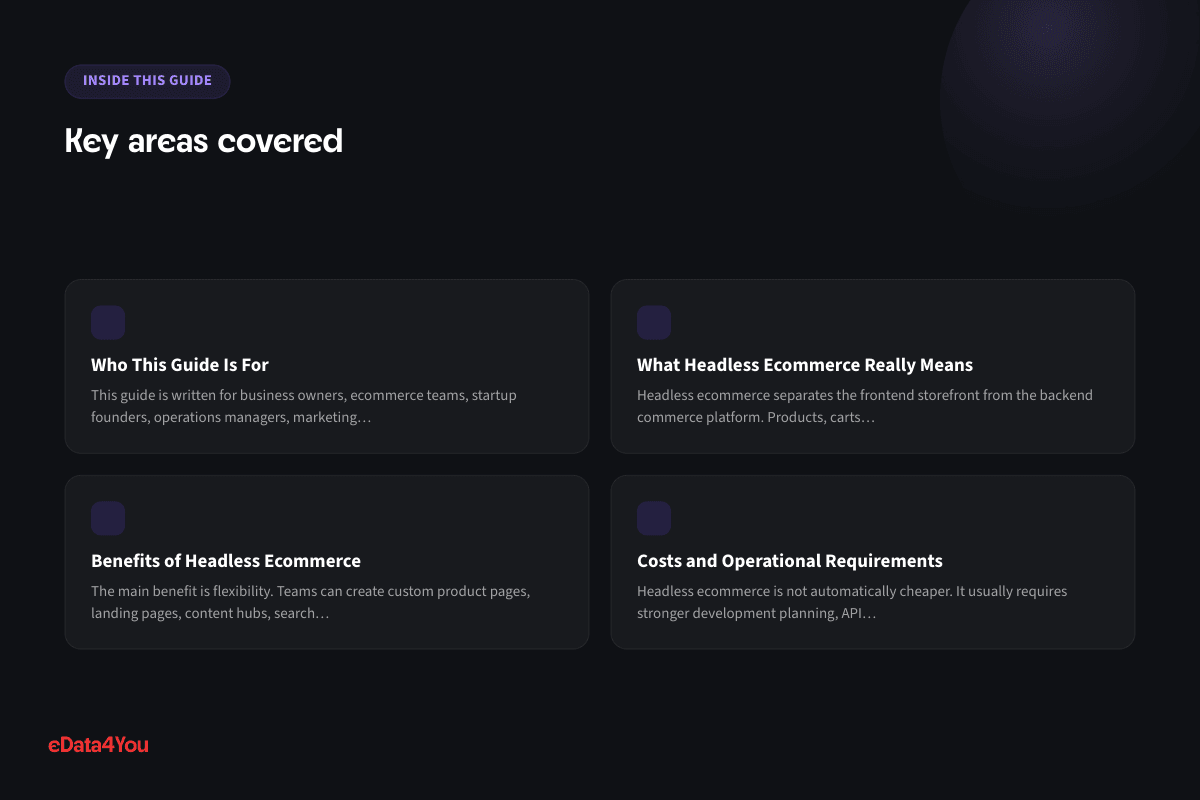 Key areas covered: Who This Guide Is For, What Headless Ecommerce Really Means, Benefits of Headless Ecommerce, Costs and Operational Requirements