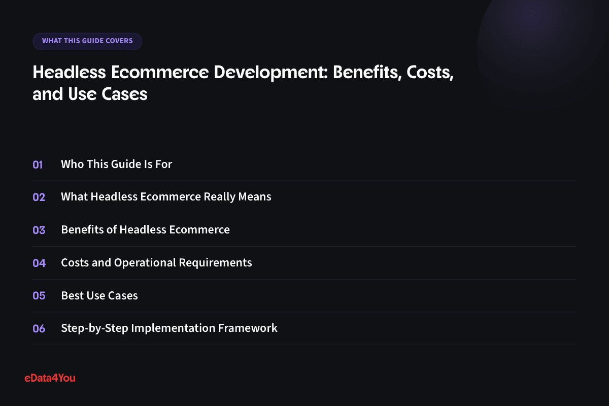 What this guide covers: Who This Guide Is For, What Headless Ecommerce Really Means, Benefits of Headless Ecommerce, Costs and Operational Requirements