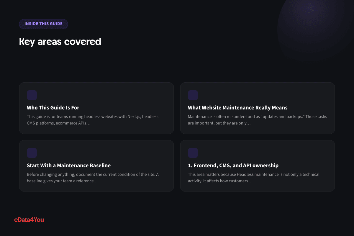 Key areas covered: Who This Guide Is For, What Website Maintenance Really Means, Start With a Maintenance Baseline, 1. Frontend, CMS, and API ownership