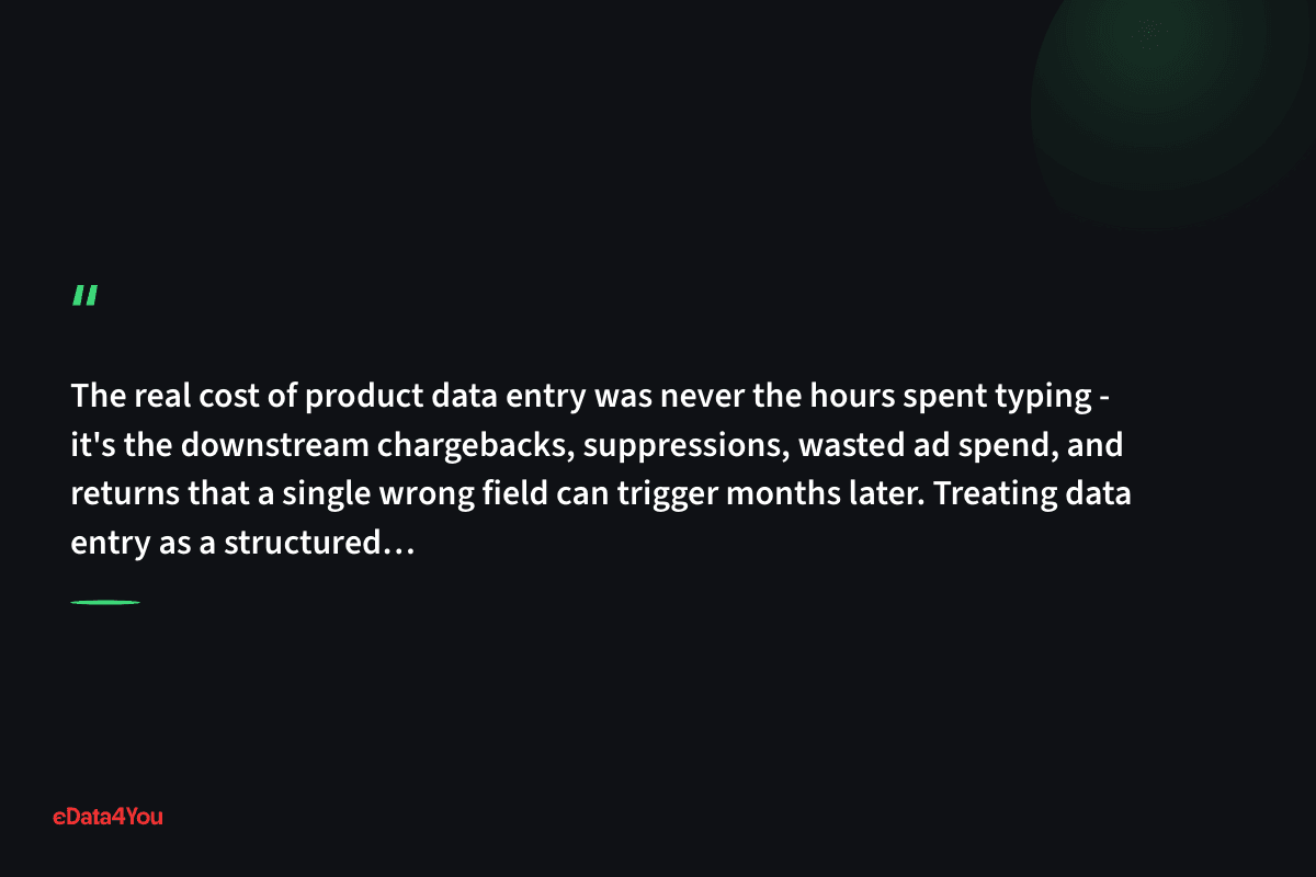 "The real cost of product data entry was never the hours spent typing - it's the downstream chargebacks, suppressions, wasted ad spend, and…"