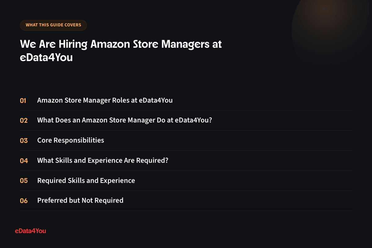 What this guide covers: Amazon Store Manager Roles at eData4You, What Does an Amazon Store Manager Do at eData4You?, Core Responsibilities, What Skills and Experience Are Required?