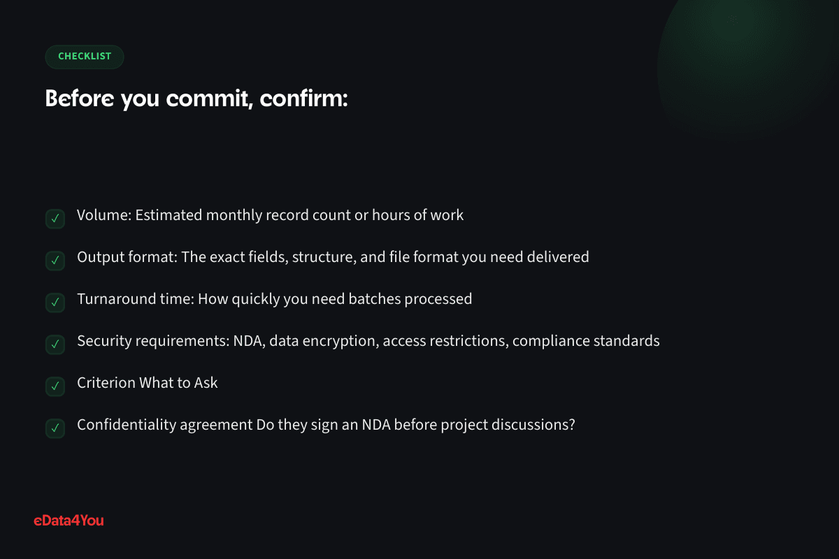 Checklist: Volume: Estimated monthly record count or hours of work, and more