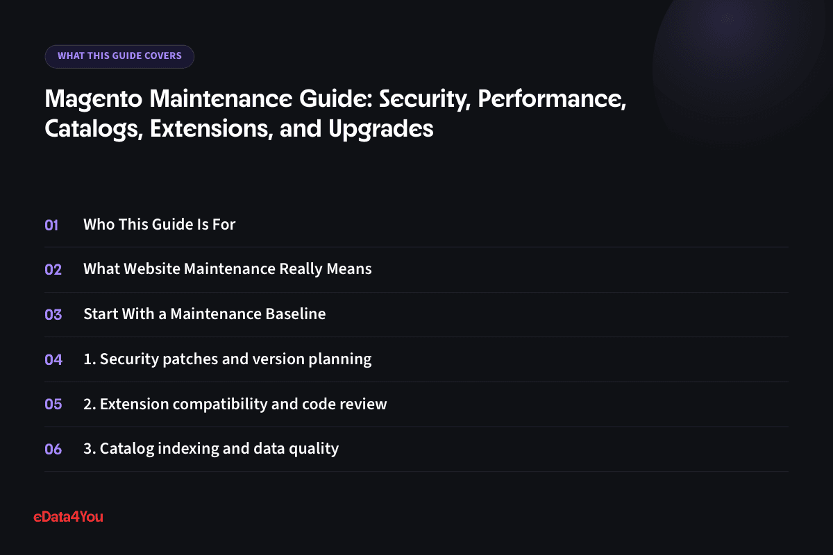What this guide covers: Who This Guide Is For, What Website Maintenance Really Means, Start With a Maintenance Baseline, 1. Security patches and version planning