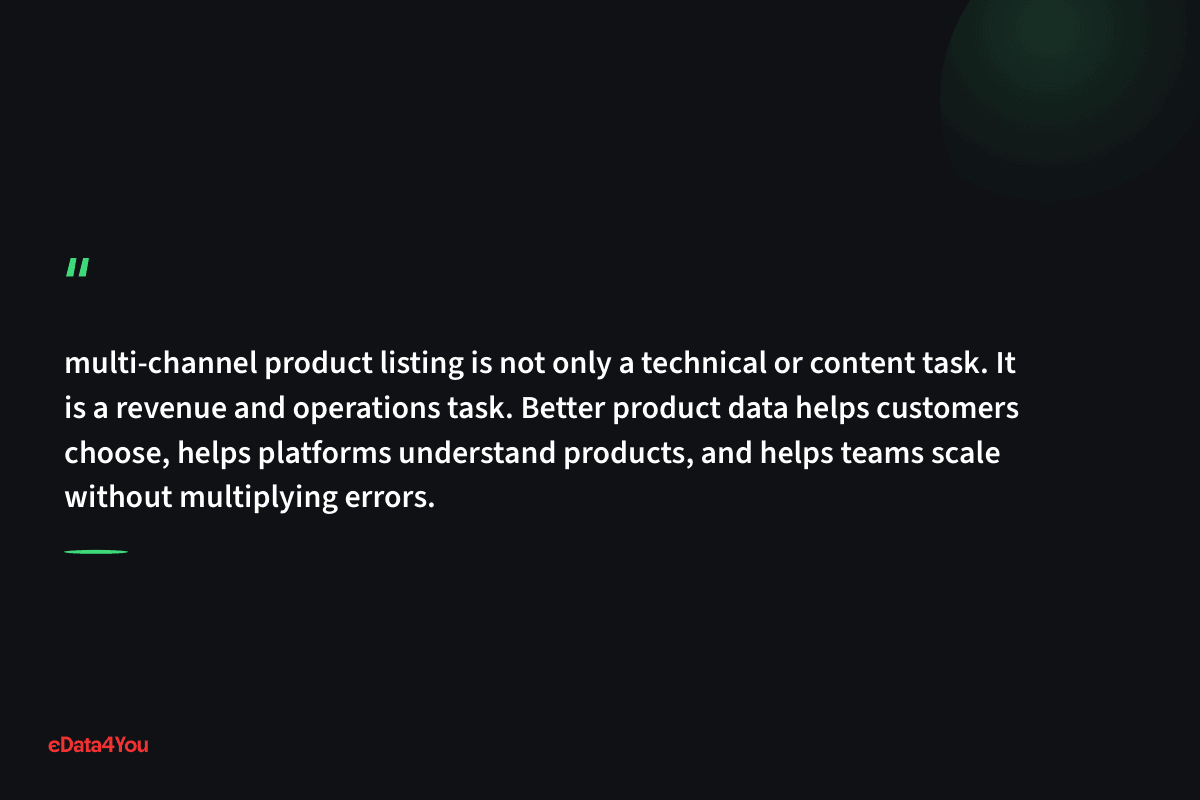 "multi-channel product listing is not only a technical or content task. It is a revenue and operations task. Better product data helps…"