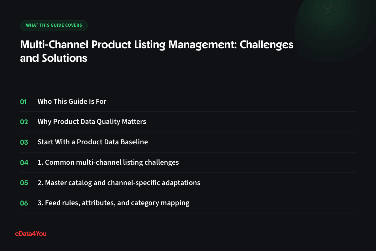 What this guide covers: Who This Guide Is For, Why Product Data Quality Matters, Start With a Product Data Baseline, 1. Common multi-channel listing challenges