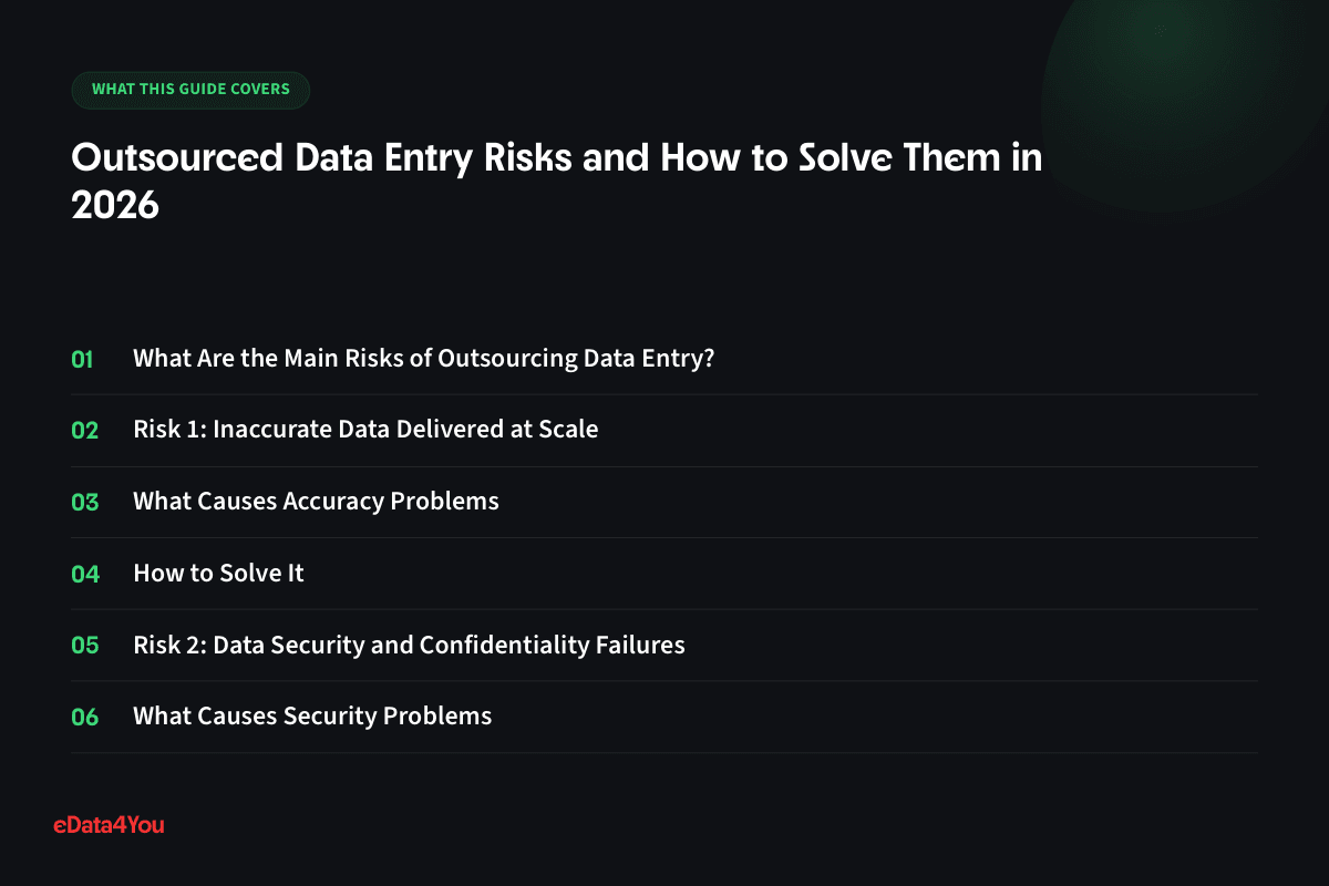 What this guide covers: What Are the Main Risks of Outsourcing Data Entry?, Risk 1: Inaccurate Data Delivered at Scale, What Causes Accuracy Problems, How to Solve It