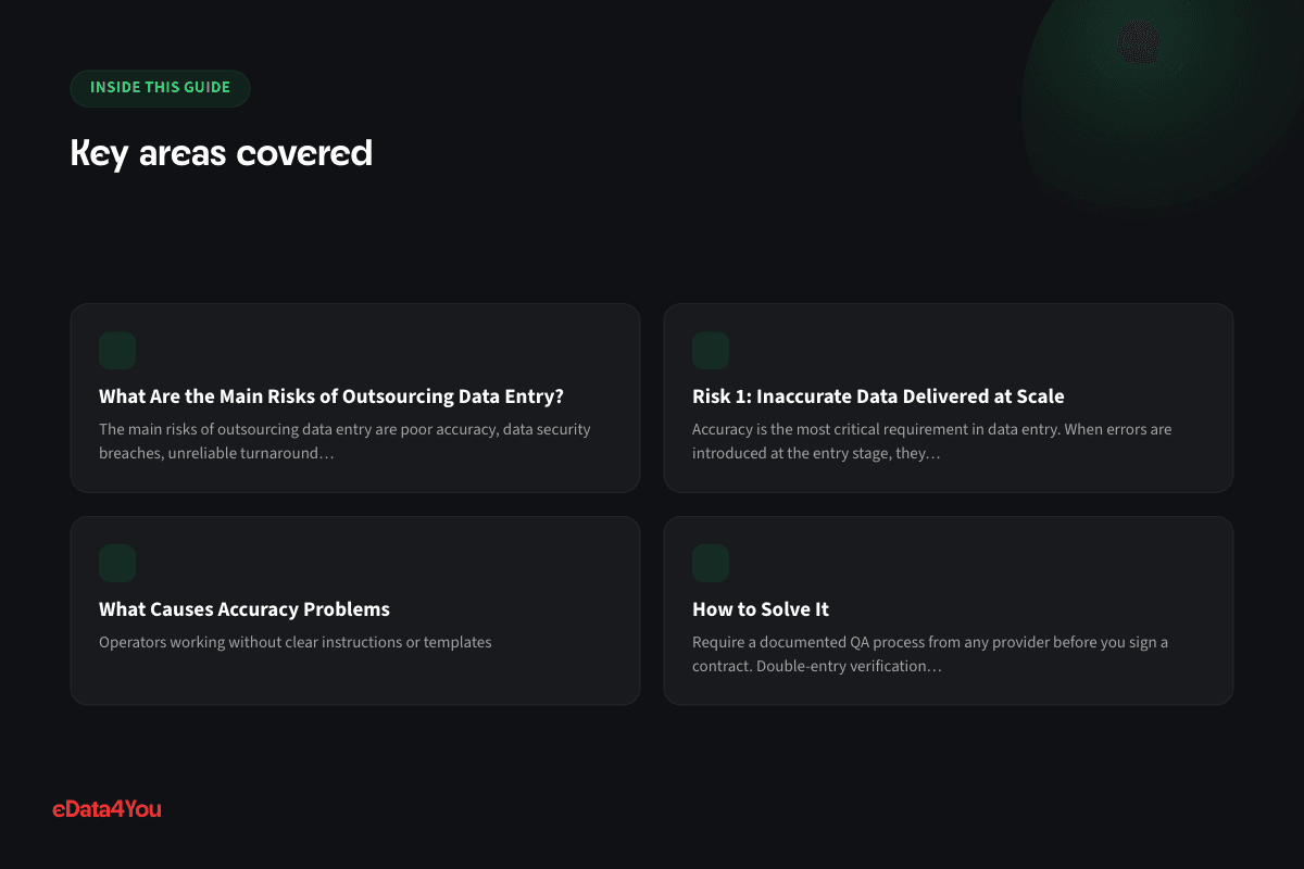Key areas covered: What Are the Main Risks of Outsourcing Data Entry?, Risk 1: Inaccurate Data Delivered at Scale, What Causes Accuracy Problems, How to Solve It