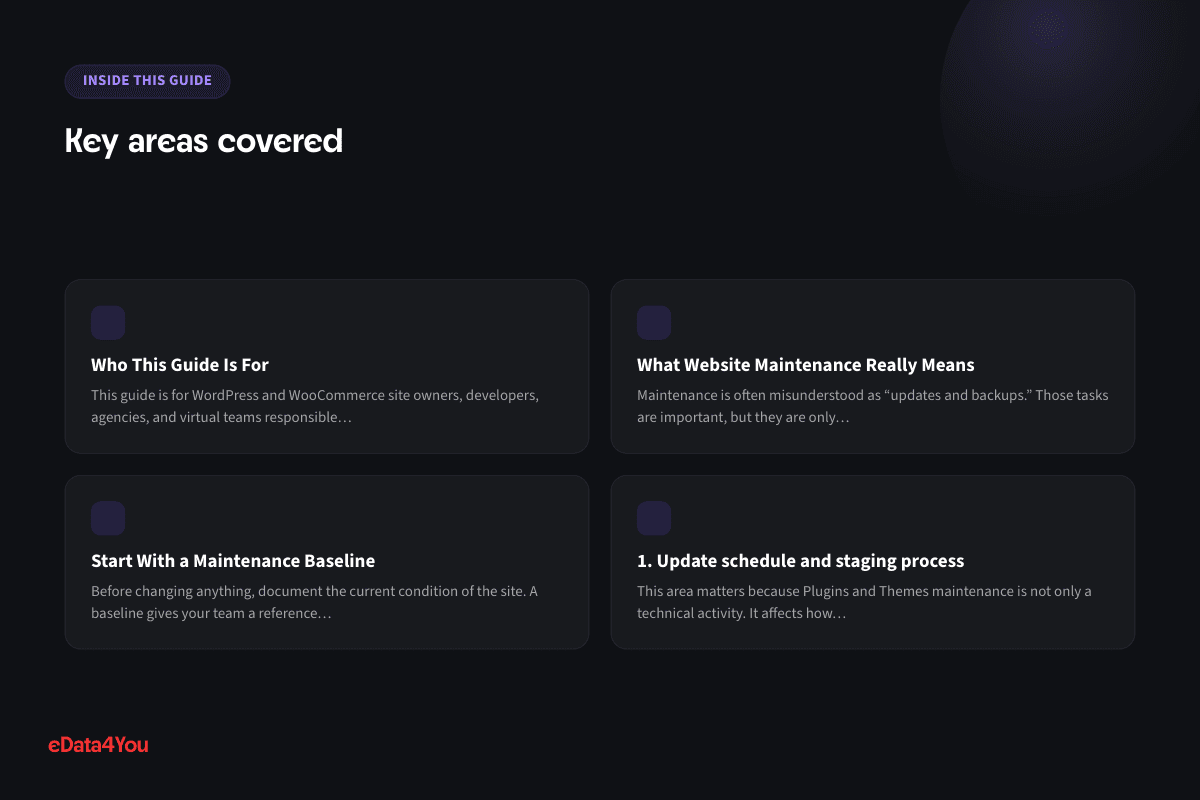 Key areas covered: Who This Guide Is For, What Website Maintenance Really Means, Start With a Maintenance Baseline, 1. Update schedule and staging process