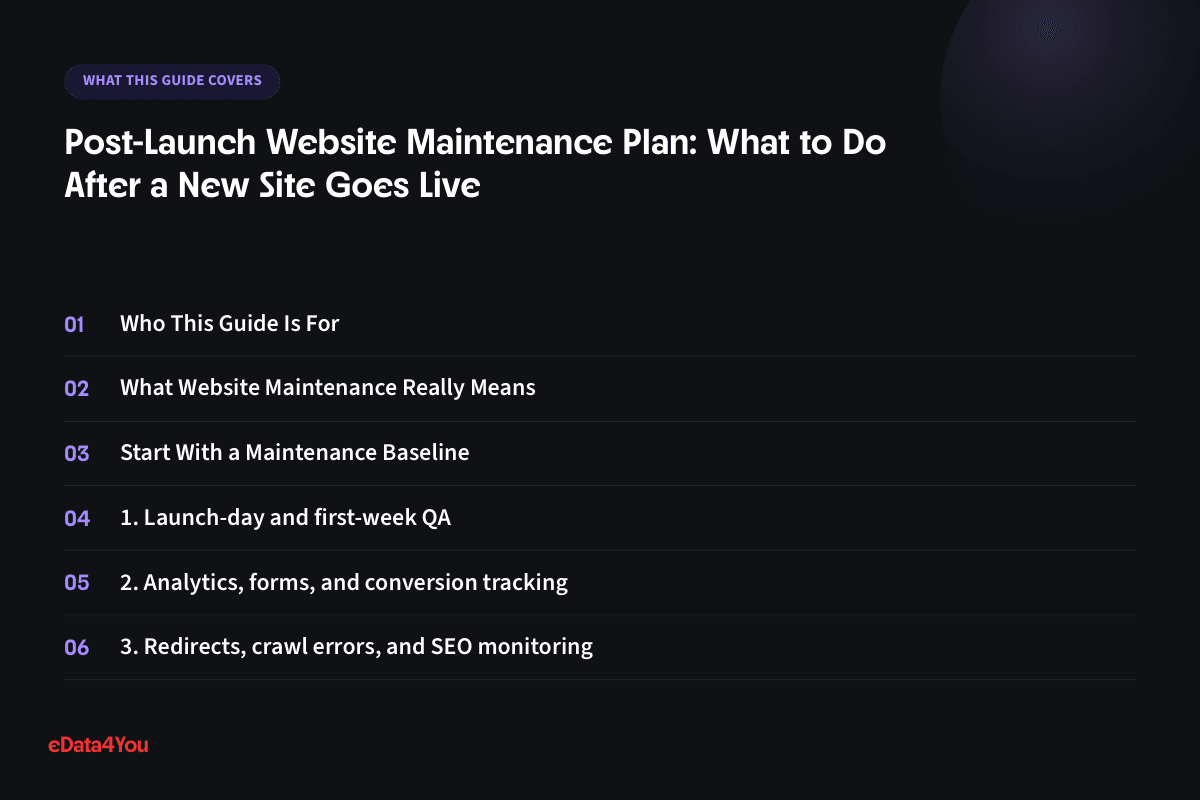 What this guide covers: Who This Guide Is For, What Website Maintenance Really Means, Start With a Maintenance Baseline, 1. Launch-day and first-week QA