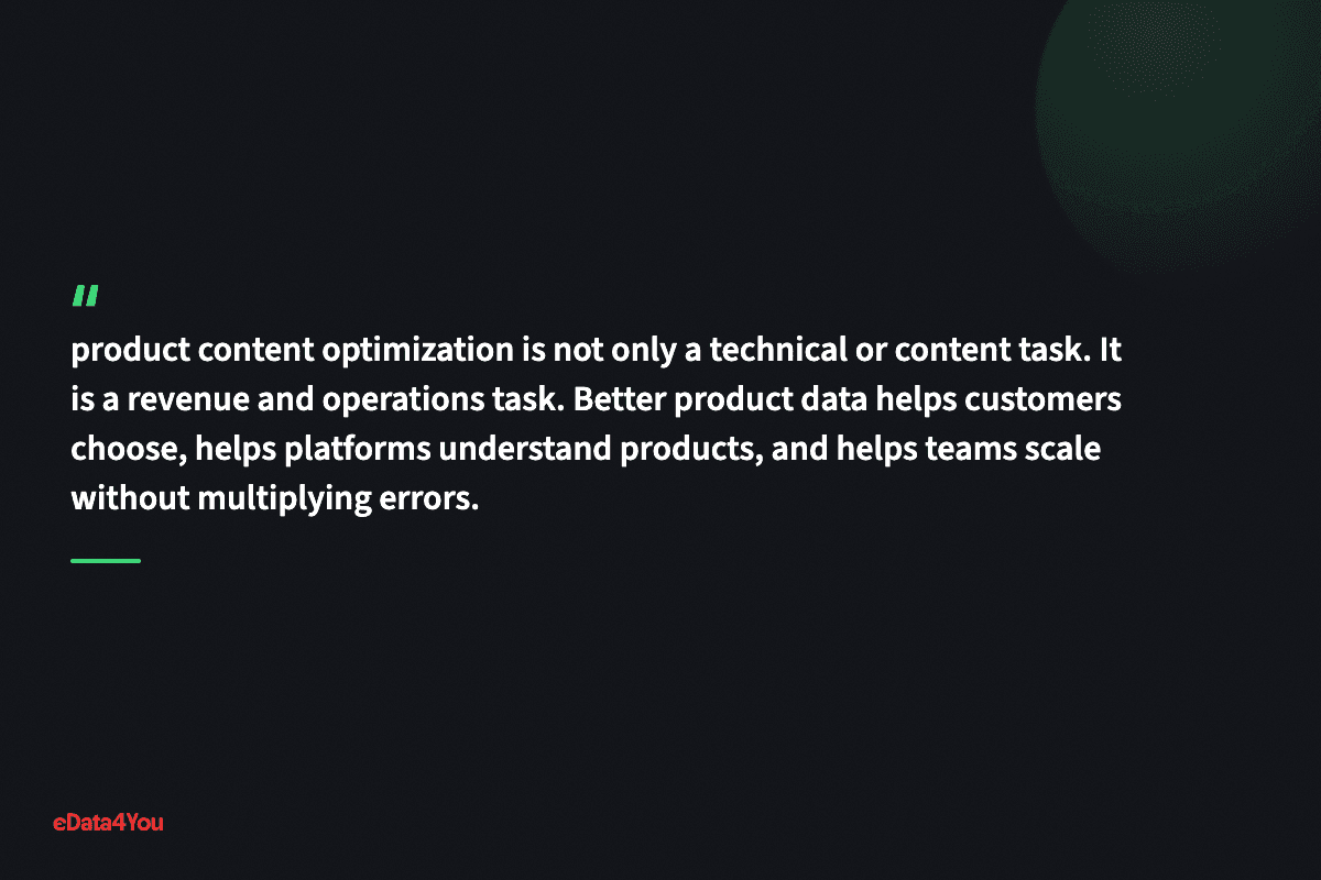 "product content optimization is not only a technical or content task. It is a revenue and operations task. Better product data helps…"