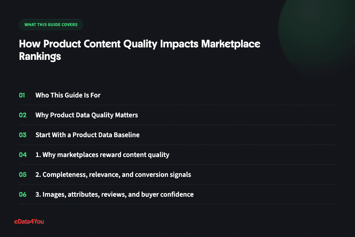 What this guide covers: Who This Guide Is For, Why Product Data Quality Matters, Start With a Product Data Baseline, 1. Why marketplaces reward content quality