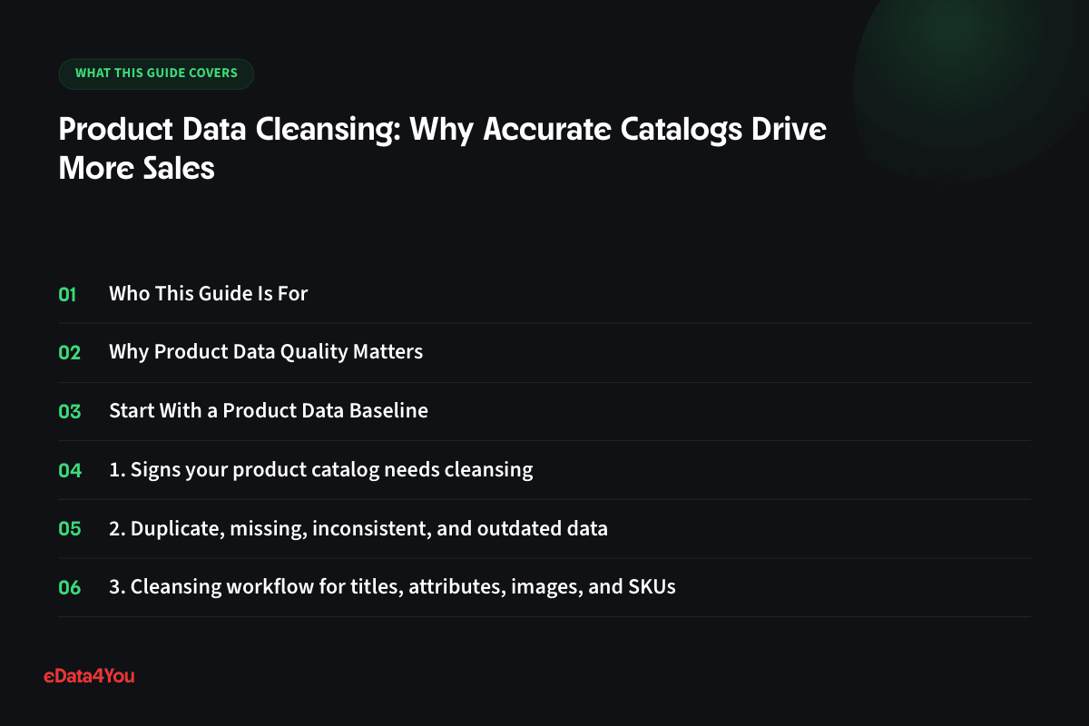 What this guide covers: Who This Guide Is For, Why Product Data Quality Matters, Start With a Product Data Baseline, 1. Signs your product catalog needs cleansing