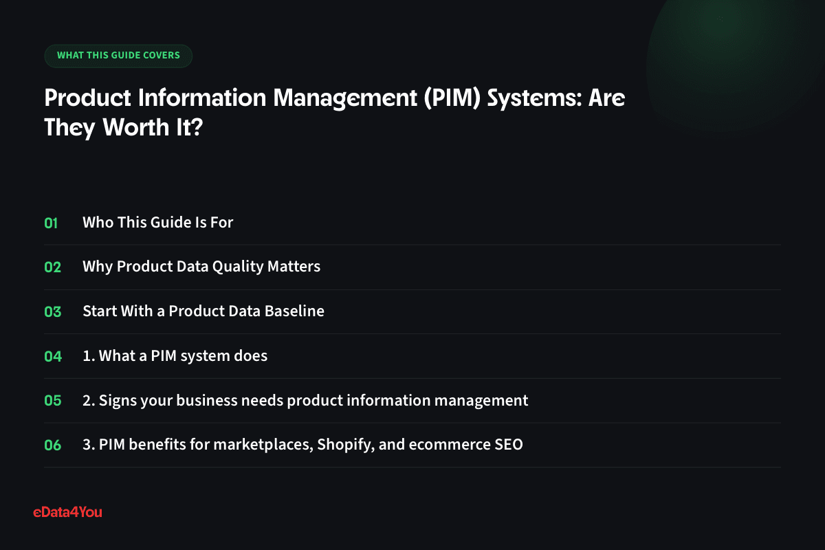 What this guide covers: Who This Guide Is For, Why Product Data Quality Matters, Start With a Product Data Baseline, 1. What a PIM system does