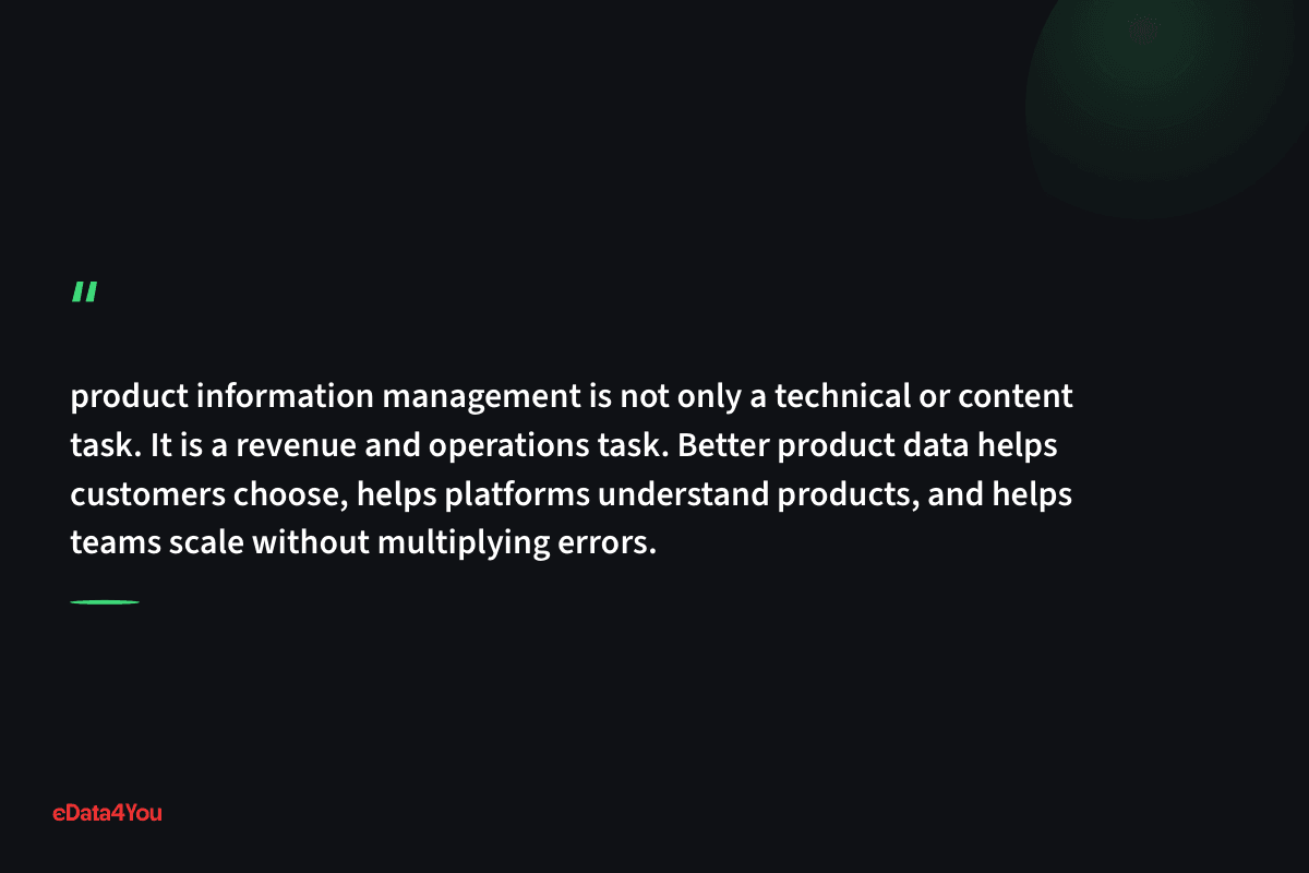 "product information management is not only a technical or content task. It is a revenue and operations task. Better product data helps…"