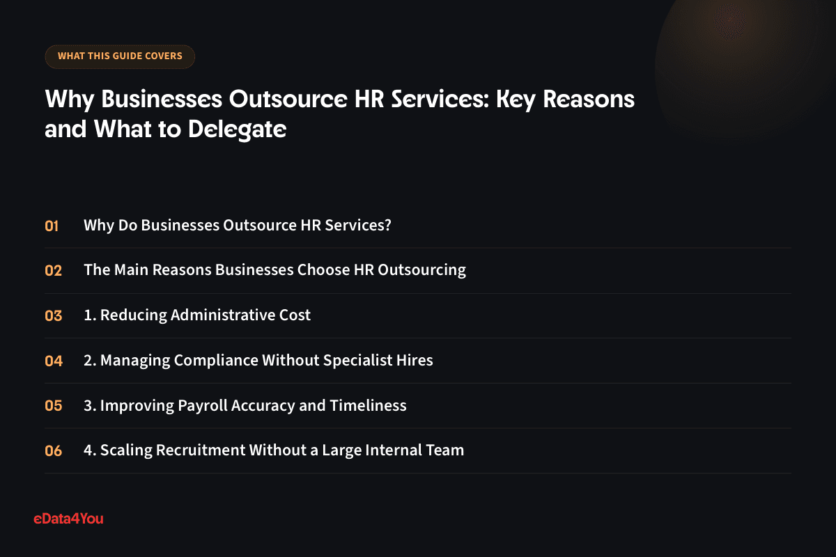 What this guide covers: Why Do Businesses Outsource HR Services?, The Main Reasons Businesses Choose HR Outsourcing, 1. Reducing Administrative Cost, 2. Managing Compliance Without Specialist Hires