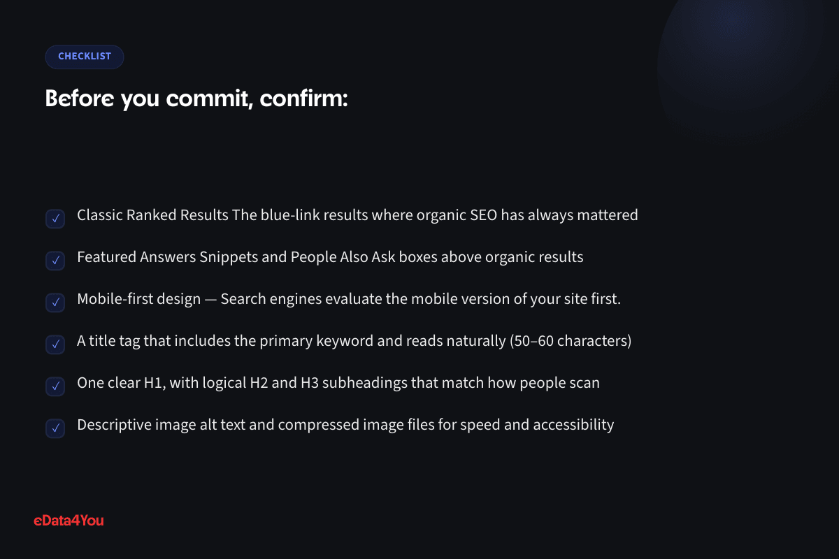 Checklist: Classic Ranked Results The blue-link results where organic SEO has always mattered, and more