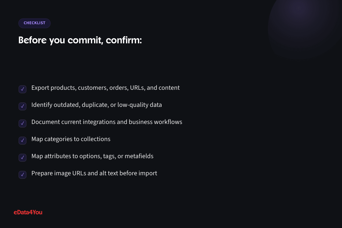 Checklist: Export products, customers, orders, URLs, and content, and more