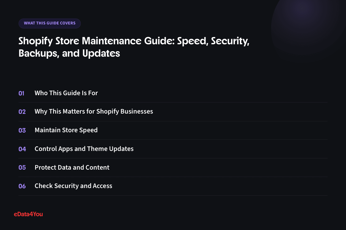 What this guide covers: Who This Guide Is For, Why This Matters for Shopify Businesses, Maintain Store Speed, Control Apps and Theme Updates