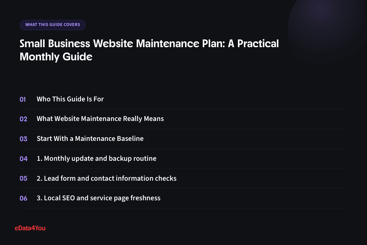 What this guide covers: Who This Guide Is For, What Website Maintenance Really Means, Start With a Maintenance Baseline, 1. Monthly update and backup routine