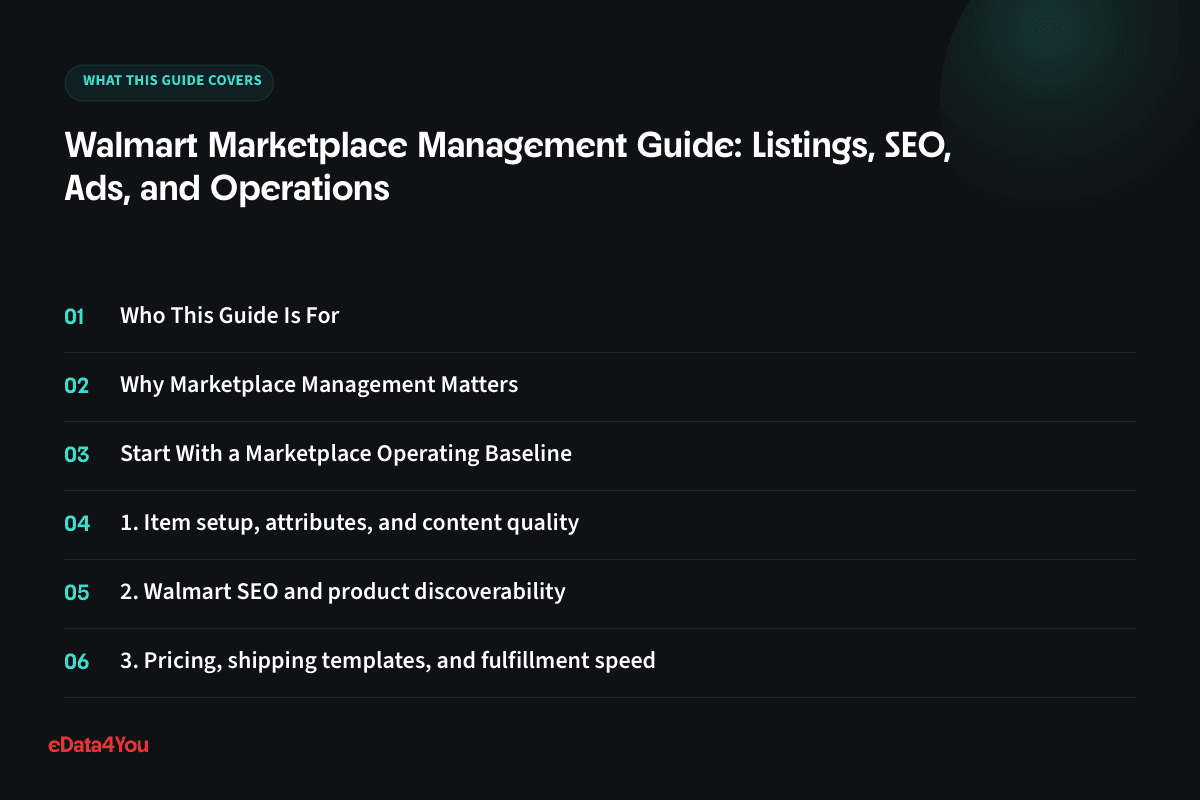 What this guide covers: Who This Guide Is For, Why Marketplace Management Matters, Start With a Marketplace Operating Baseline, 1. Item setup, attributes, and content quality
