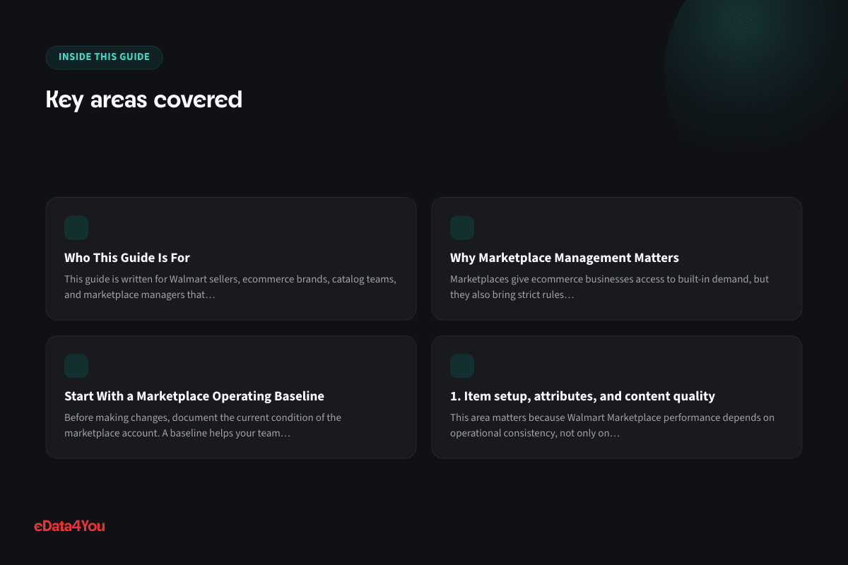 Key areas covered: Who This Guide Is For, Why Marketplace Management Matters, Start With a Marketplace Operating Baseline, 1. Item setup, attributes, and content quality