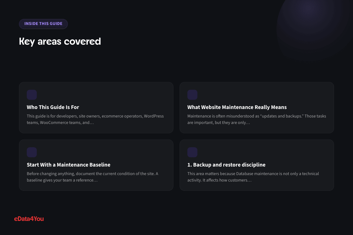 Key areas covered: Who This Guide Is For, What Website Maintenance Really Means, Start With a Maintenance Baseline, 1. Backup and restore discipline