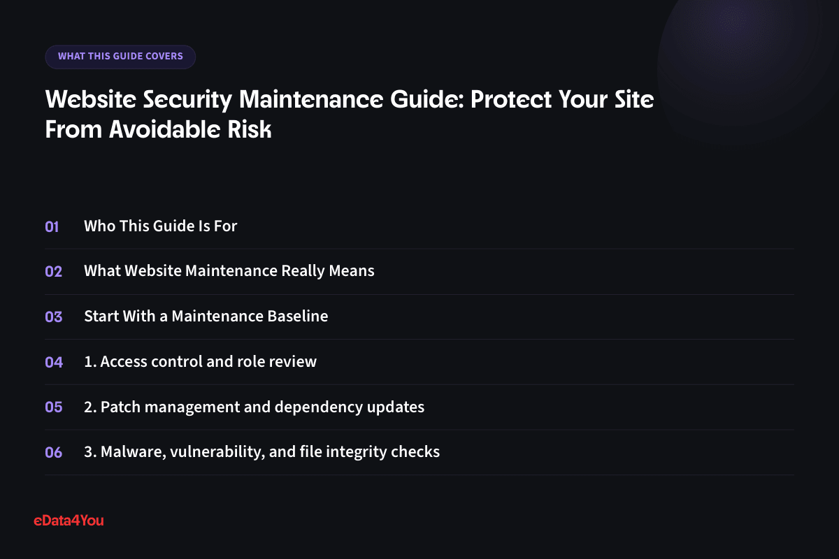 What this guide covers: Who This Guide Is For, What Website Maintenance Really Means, Start With a Maintenance Baseline, 1. Access control and role review