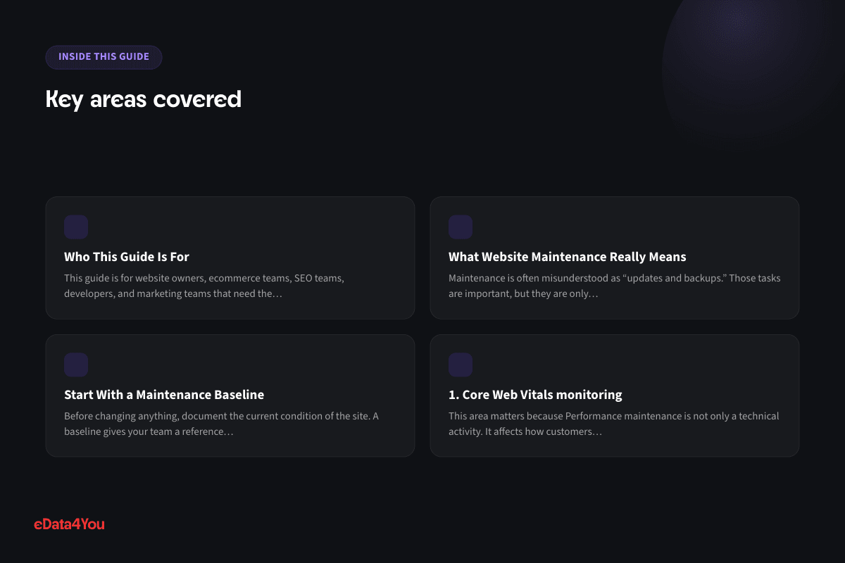 Key areas covered: Who This Guide Is For, What Website Maintenance Really Means, Start With a Maintenance Baseline, 1. Core Web Vitals monitoring