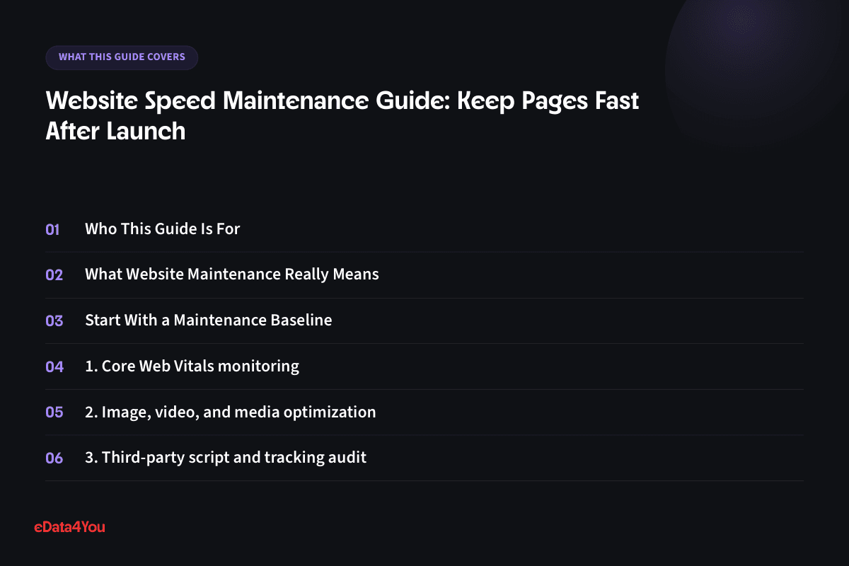What this guide covers: Who This Guide Is For, What Website Maintenance Really Means, Start With a Maintenance Baseline, 1. Core Web Vitals monitoring