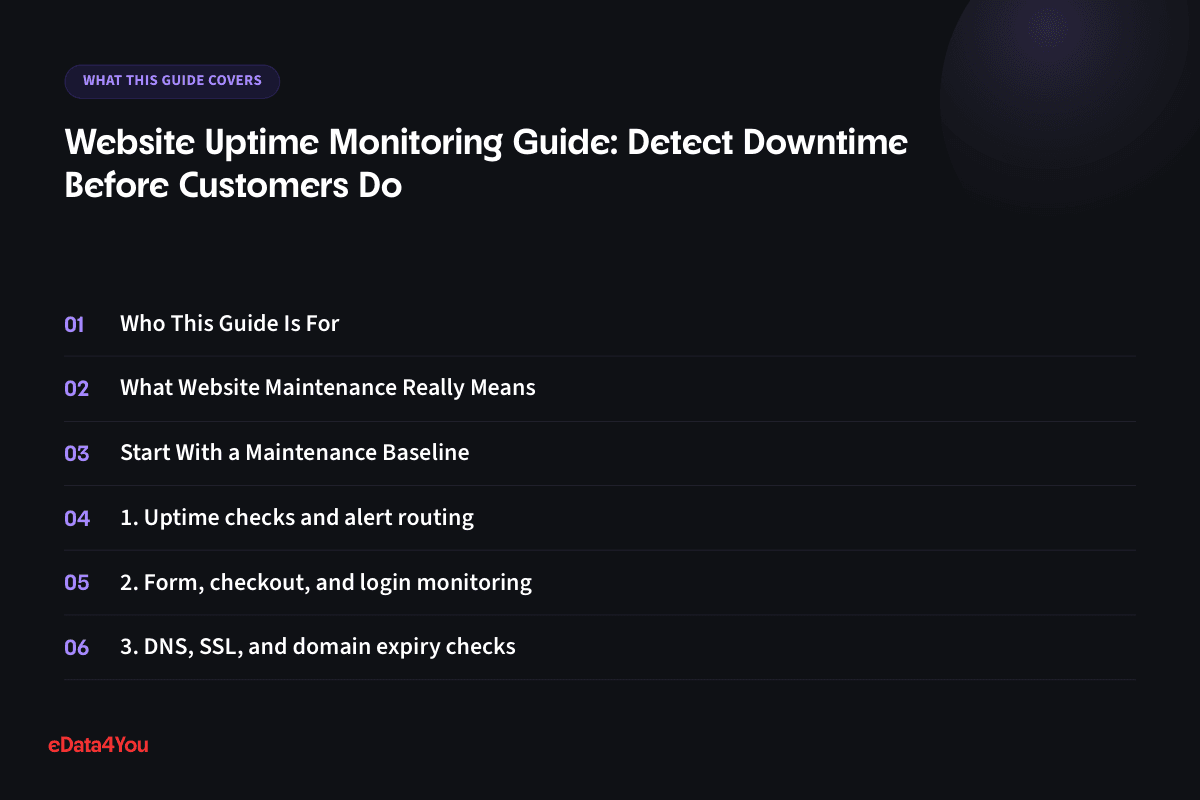 What this guide covers: Who This Guide Is For, What Website Maintenance Really Means, Start With a Maintenance Baseline, 1. Uptime checks and alert routing
