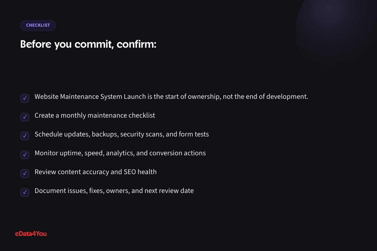 Checklist: Website Maintenance System Launch is the start of ownership, not the end of development., and more