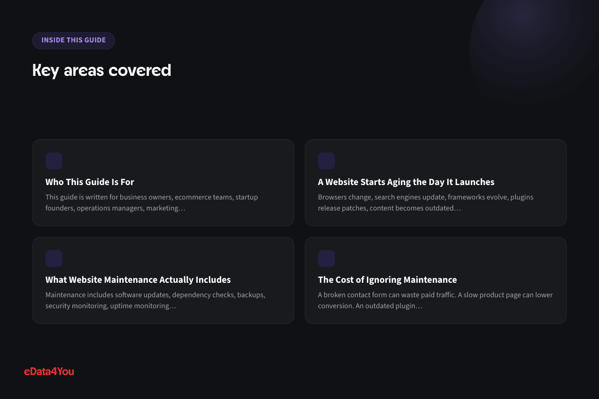 Key areas covered: Who This Guide Is For, A Website Starts Aging the Day It Launches, What Website Maintenance Actually Includes, The Cost of Ignoring Maintenance