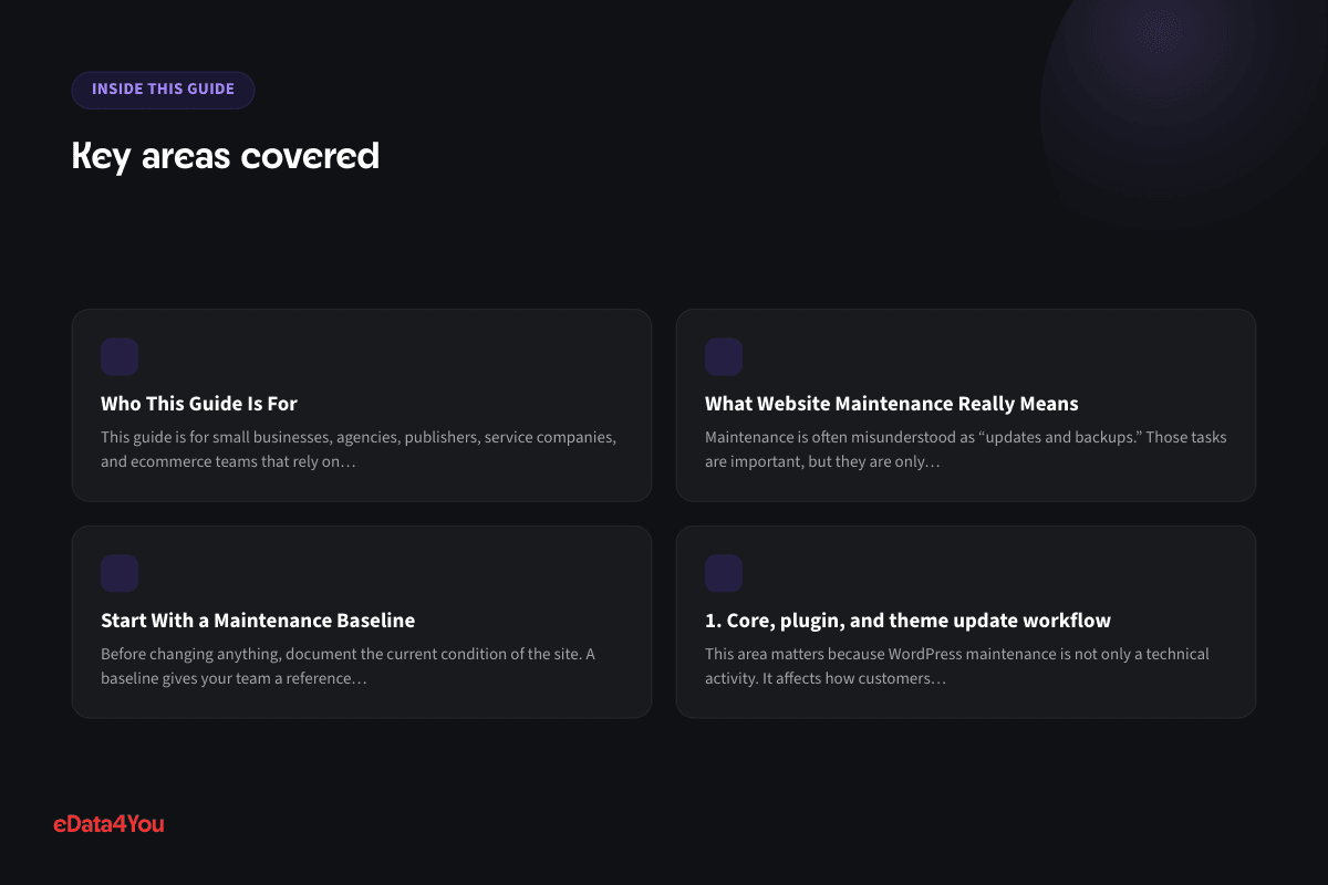 Key areas covered: Who This Guide Is For, What Website Maintenance Really Means, Start With a Maintenance Baseline, 1. Core, plugin, and theme update workflow