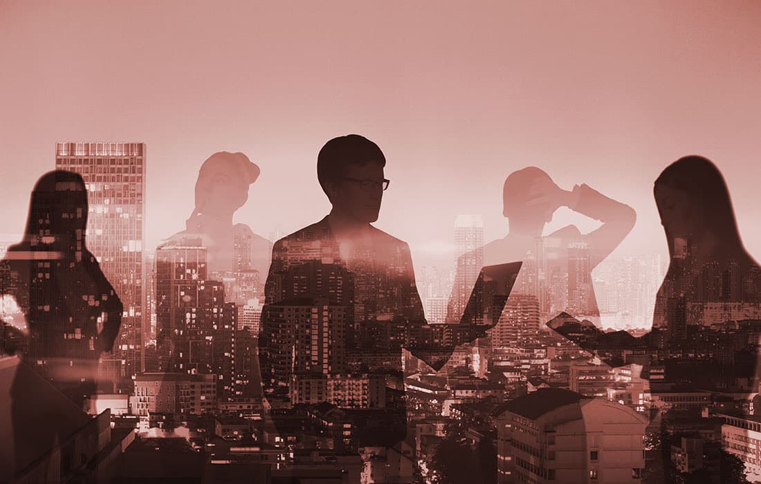 Team silhouettes overlaid on a city skyline, representing where eData4You is headed